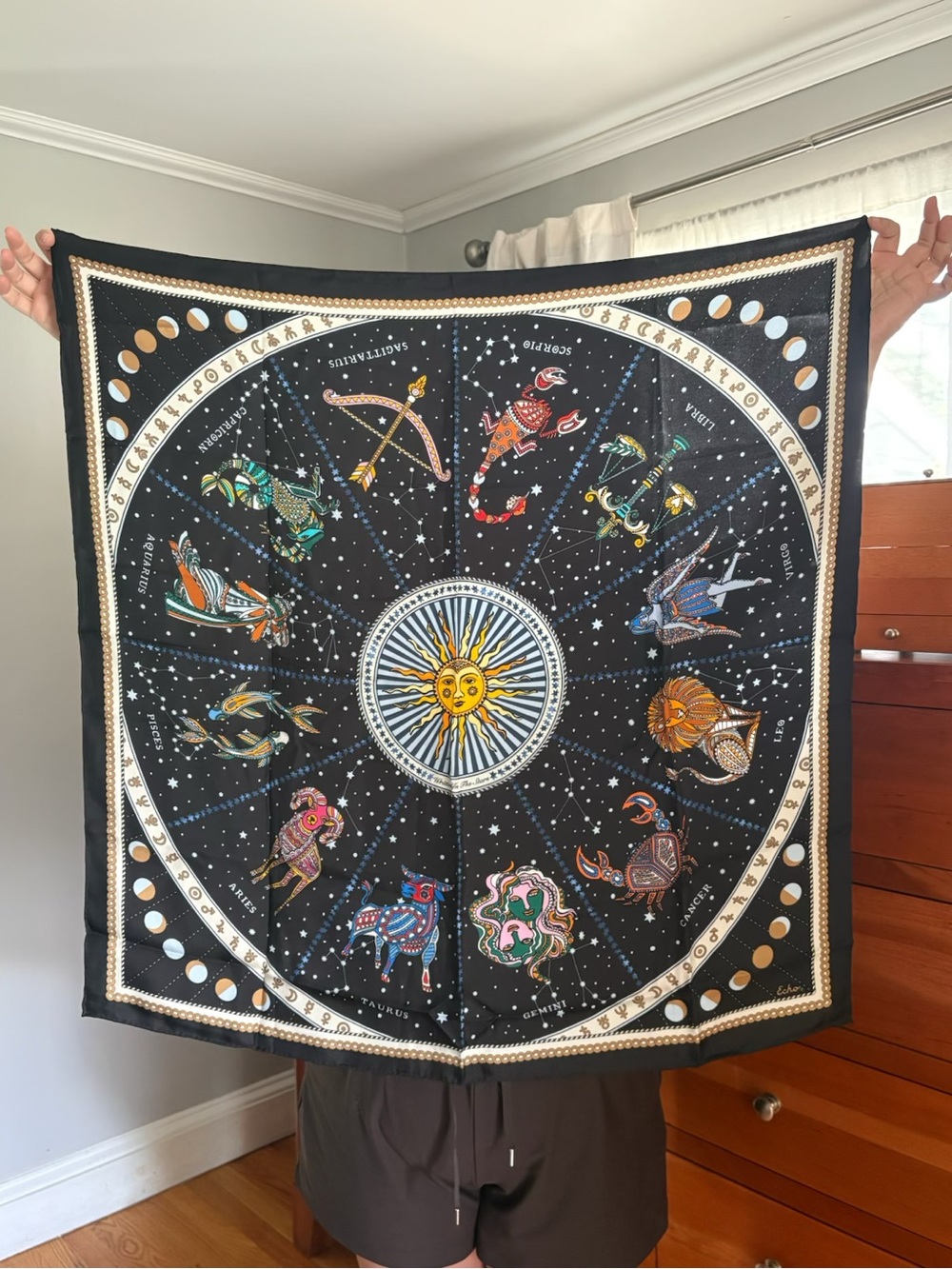Echo silk Black Zodiac Sun & Multicolor Constellation Scarf